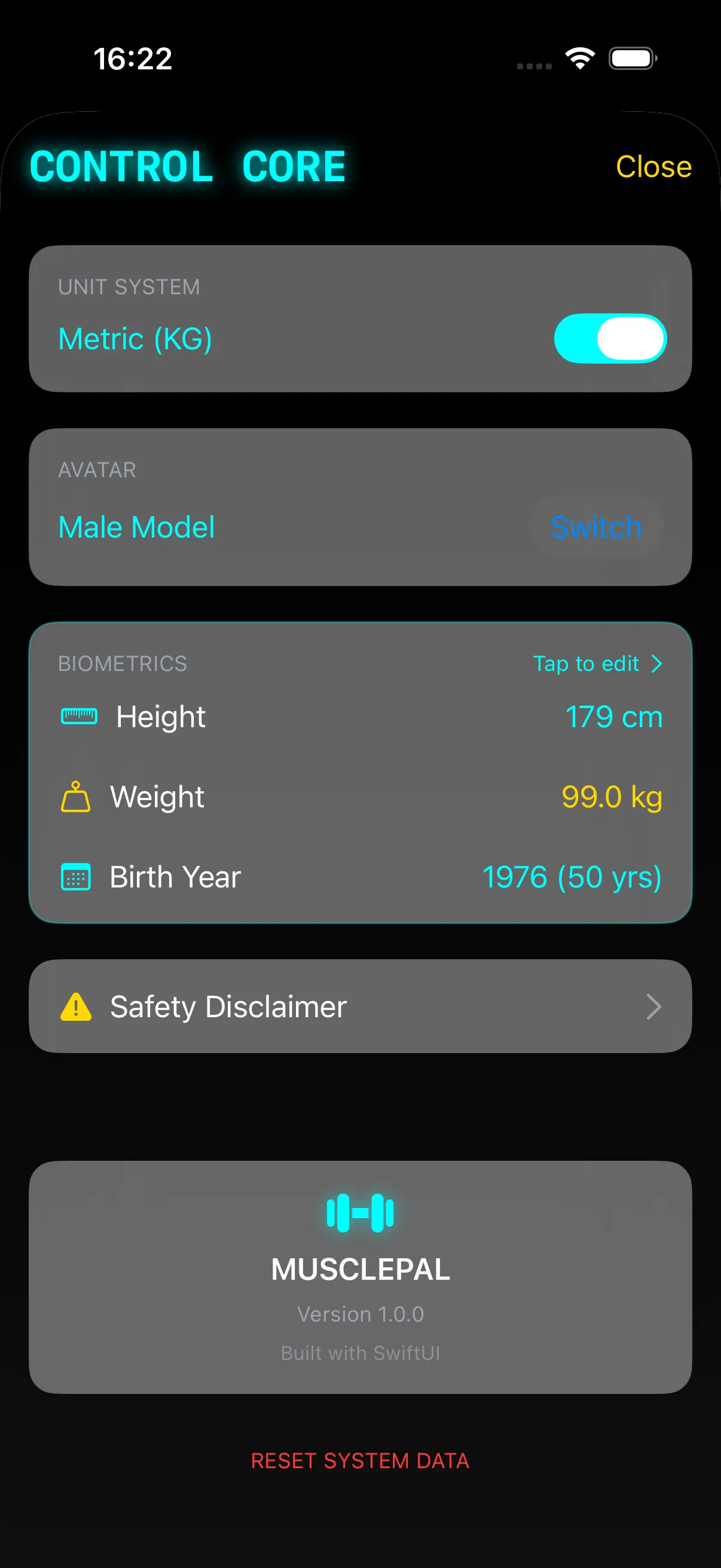 MusclePal Settings