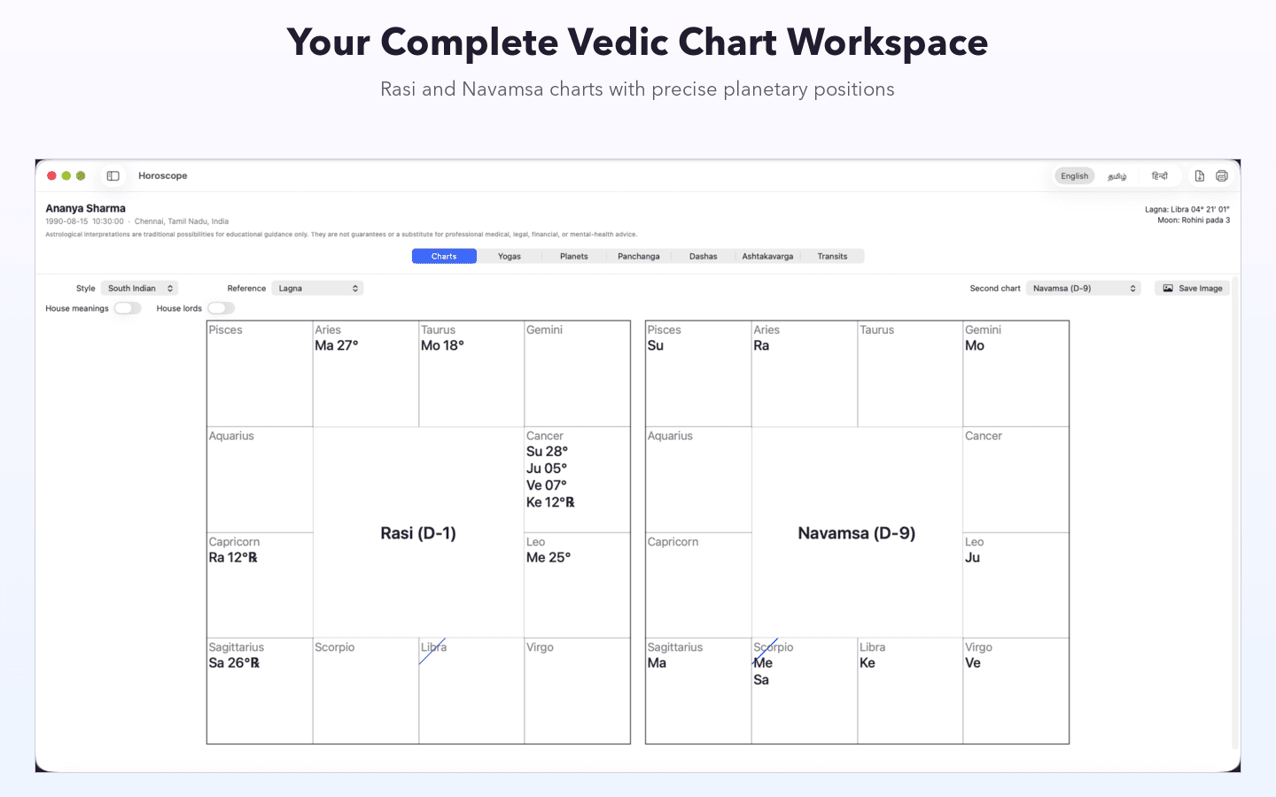 Vedic Horoscope Pro application interface