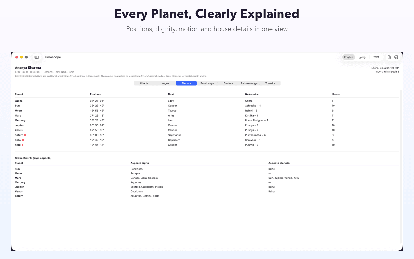 Vedic Horoscope Pro planetary positions and dignity table for a fictional chart