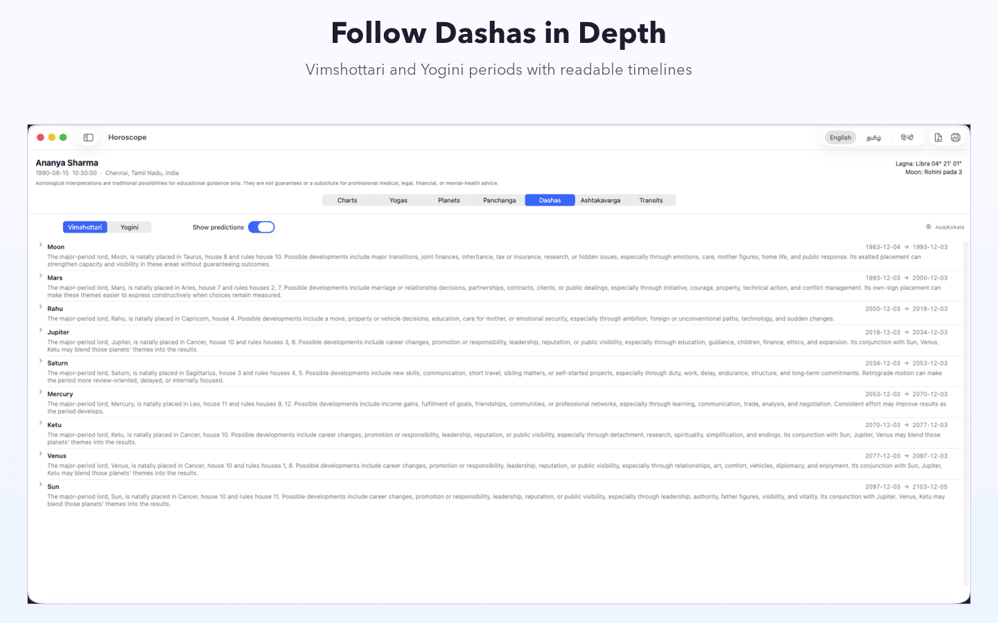 Vedic Horoscope Pro showing Vimshottari dasha periods for a fictional chart